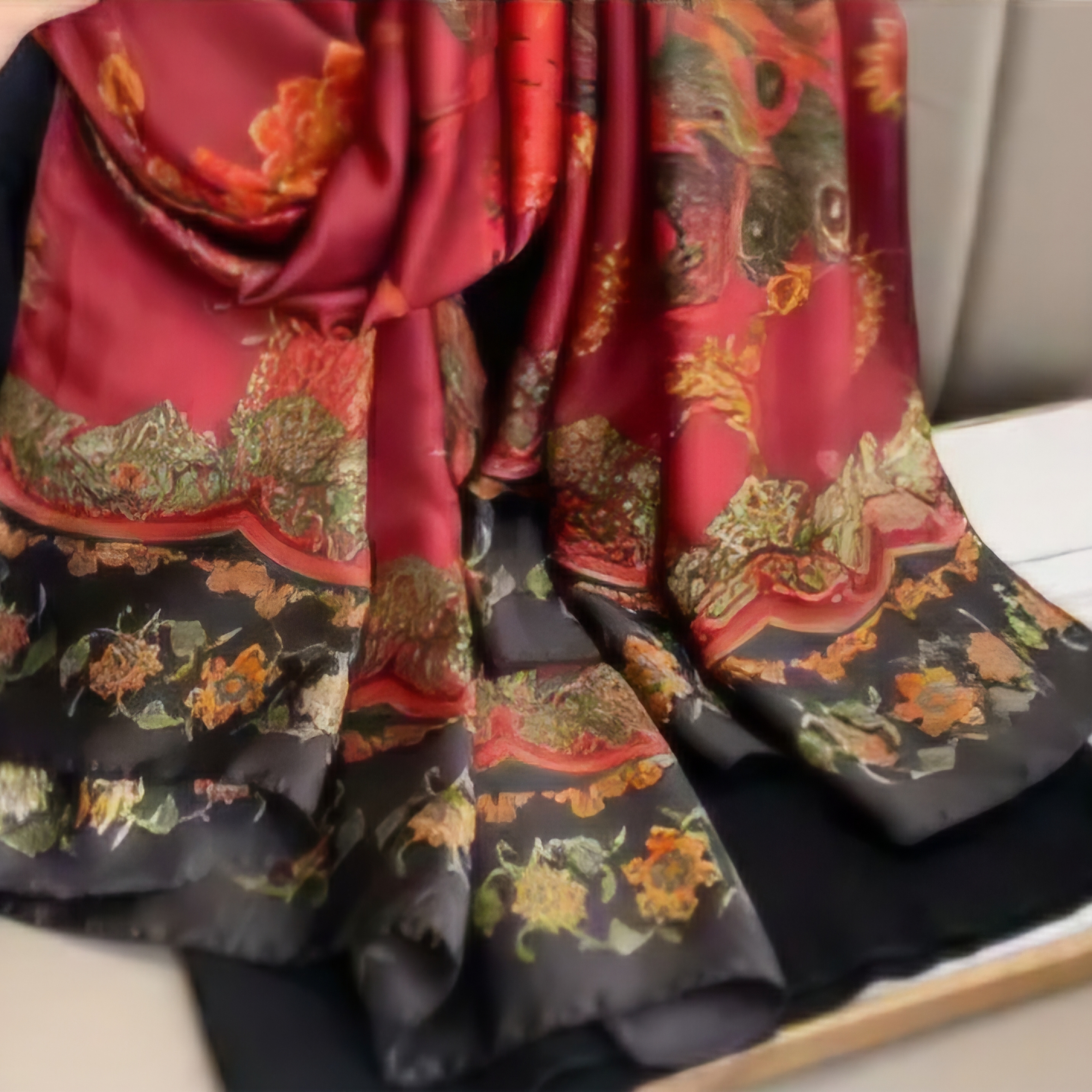 Elegant Red And Navy Blue SilkLike Scarf
